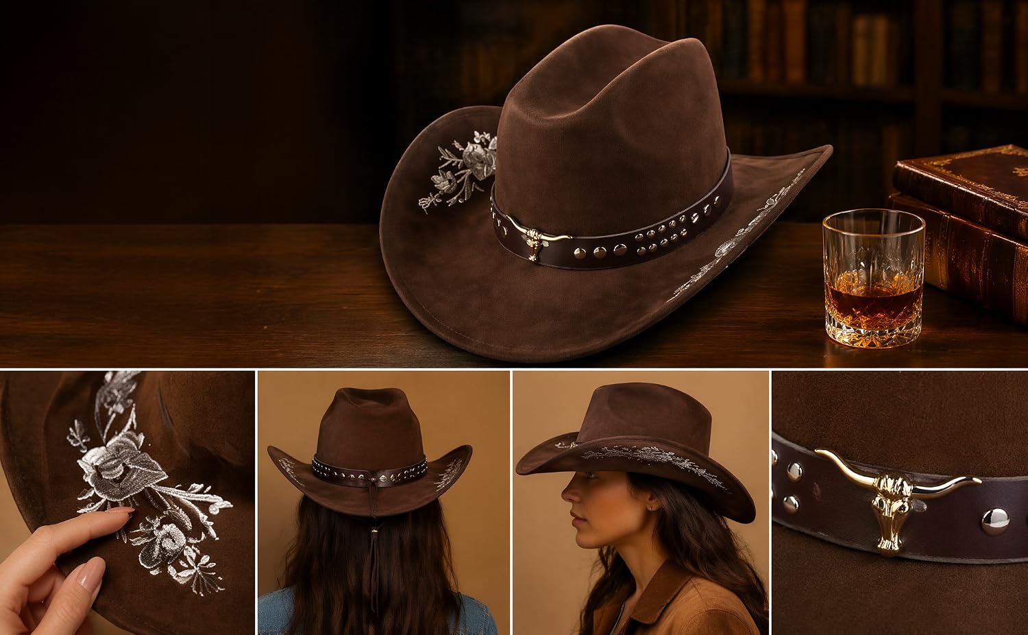 Brown cowboy hat with decorative chain band displayed on wooden surface with whiskey glass. Multiple product views show hat styling, details, and worn styling.