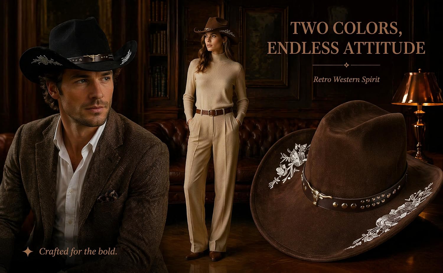 Text reads 'TWO COLORS, ENDLESS ATTITUDE' and 'Anna Hetzer's Story'. Fashion photograph featuring two figures wearing cowboy hats and western-style clothing against dark interior background.