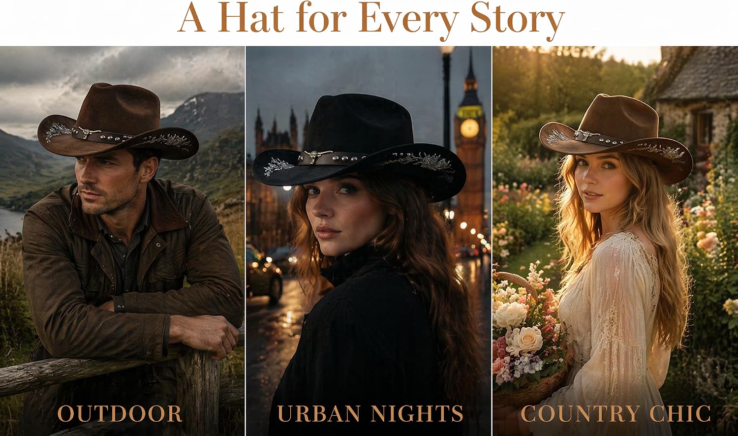 Text reads 'A Hat for Every Story' with three labeled style categories: 'OUTDOOR,' 'URBAN NIGHTS,' 'COUNTRY CHIC.' Three photographic scenes featuring models wearing different hat styles in outdoor, urban, and countryside settings.