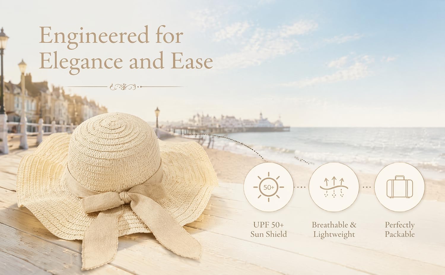 Text reads "Engineered for Elegance and Ease". Beach scene with straw hat and starfish. Icons show product specifications including dimensions and features in multiple languages.