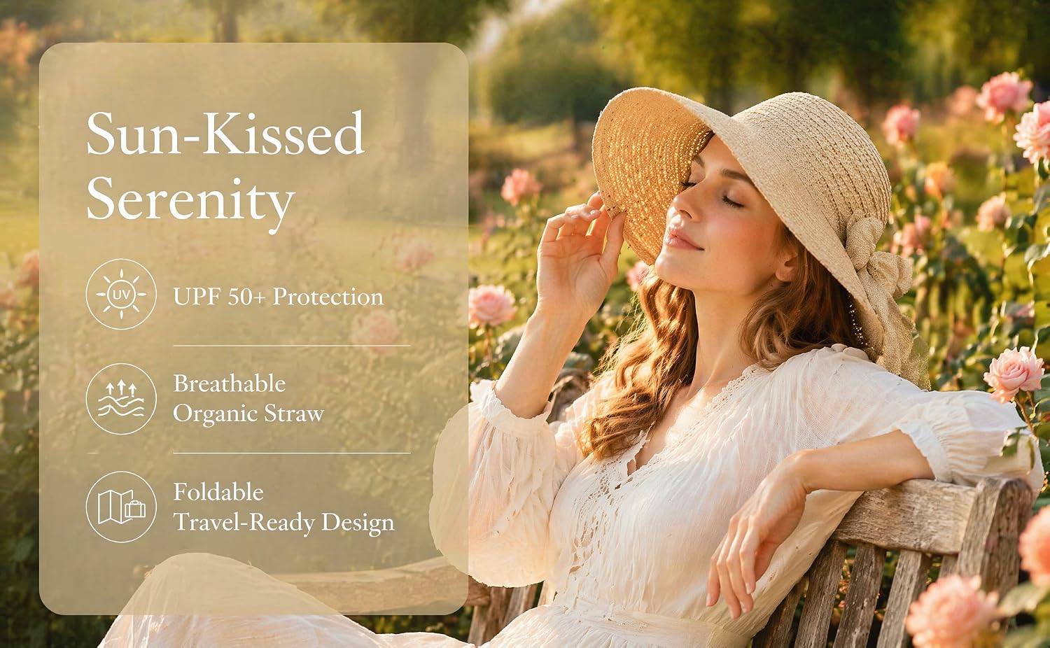 Text reads "Sun-Kissed Serenity" with icons for "UPF 80+ Protection", "Breathable Organic Linen", and "Foldable Travel Beach Design". Woman wearing cream linen hat with wide brim in sunflower field, demonstrating sun protection and comfort.