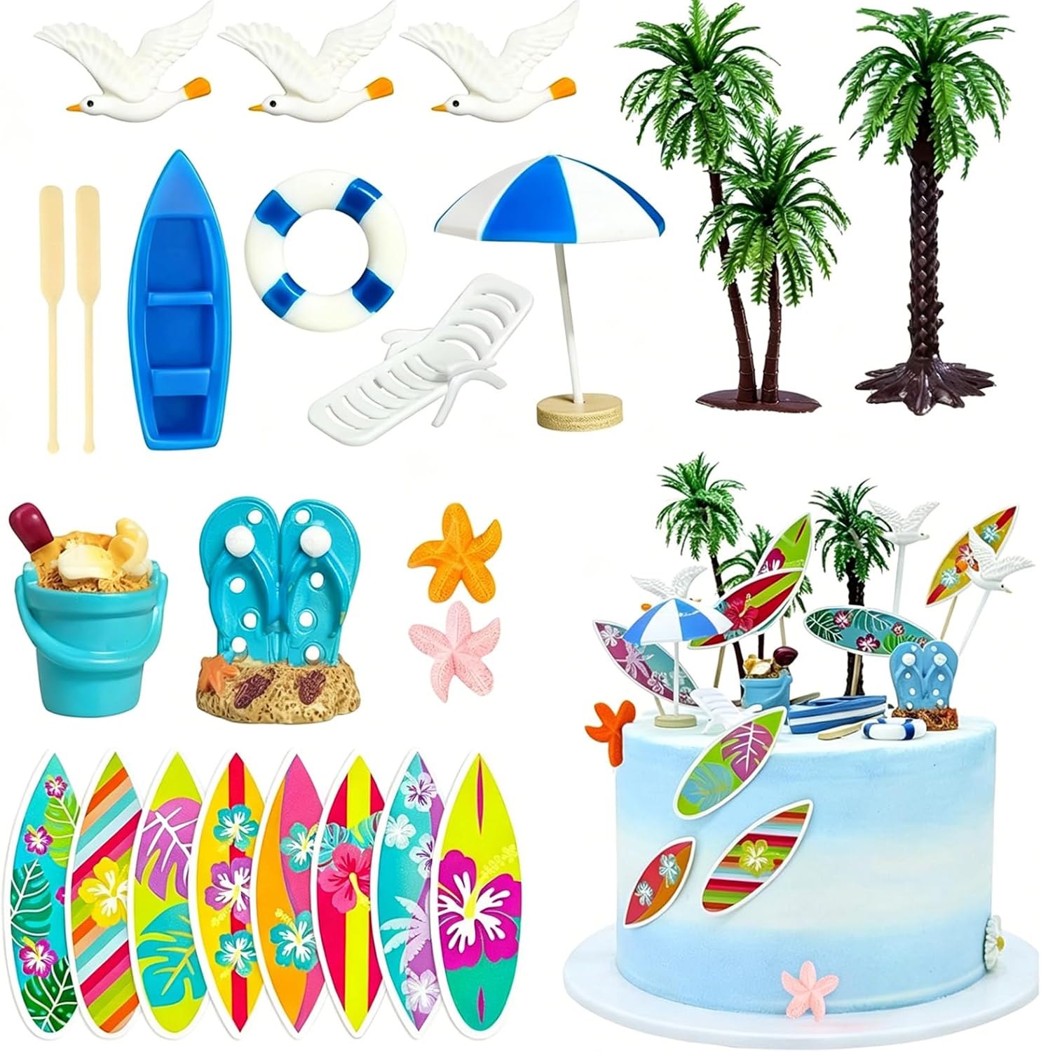 23PCS Summer Beach Chair Umbrella Cake Toppers Hawaiian Aloha Birthday Surfing Cake Decor…