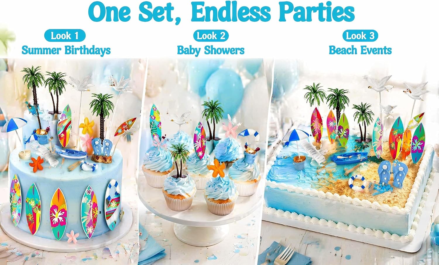 Text reads "One Set, Endless Parties" with sections labeled "Look 1 Summer Birthdays", "Look 2 Baby Showers", "Look 3 Beach Events". Three different themed party setups with tiered cake stands displaying tropical and beach-themed decorative items.