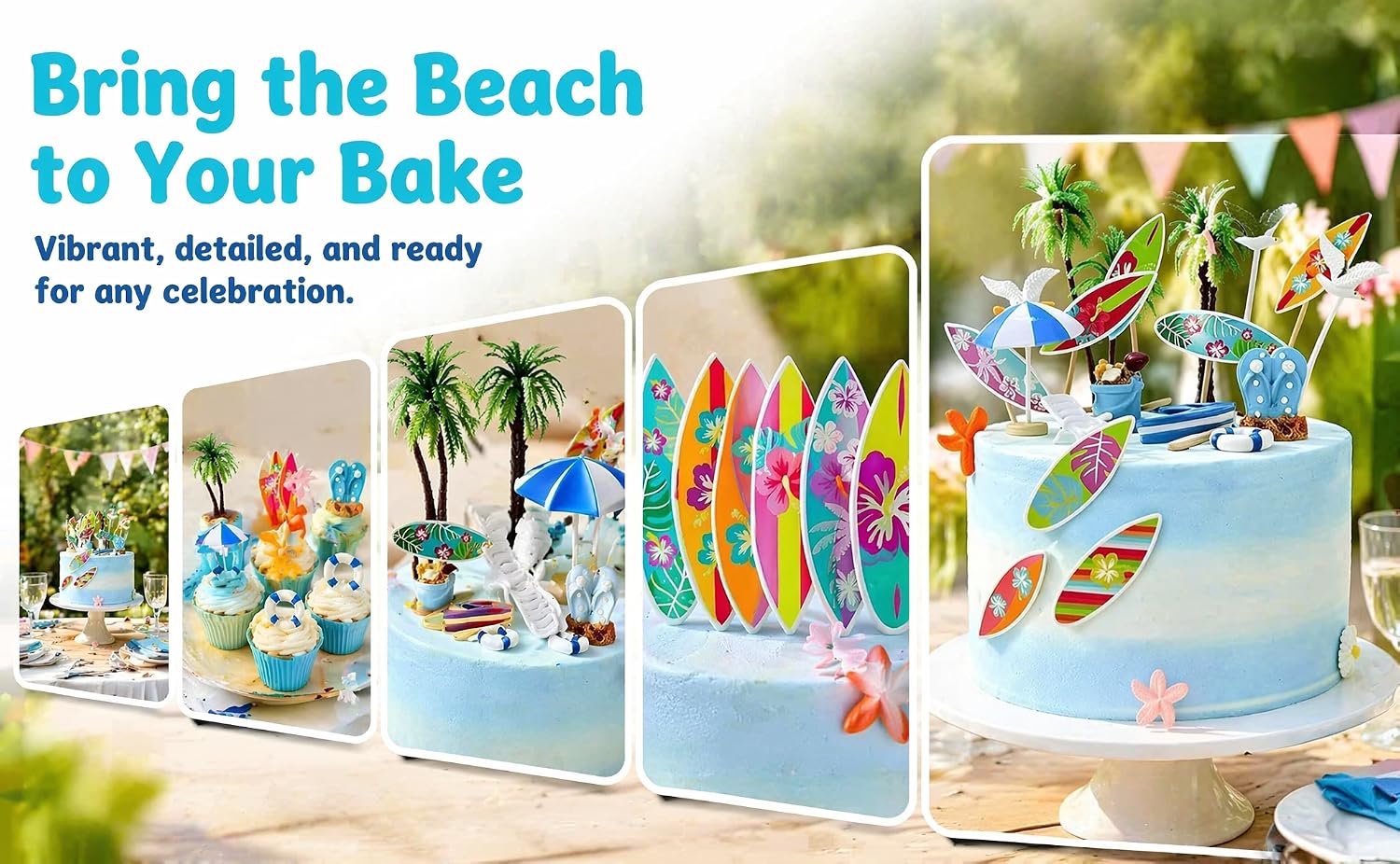 Text reads 'Bring the Beach to Your Bake', 'Vibrant, detailed, and ready for any celebration'. Beach-themed cake decorating collection displaying colorful fondant toppers, palm trees, and seaside designs.