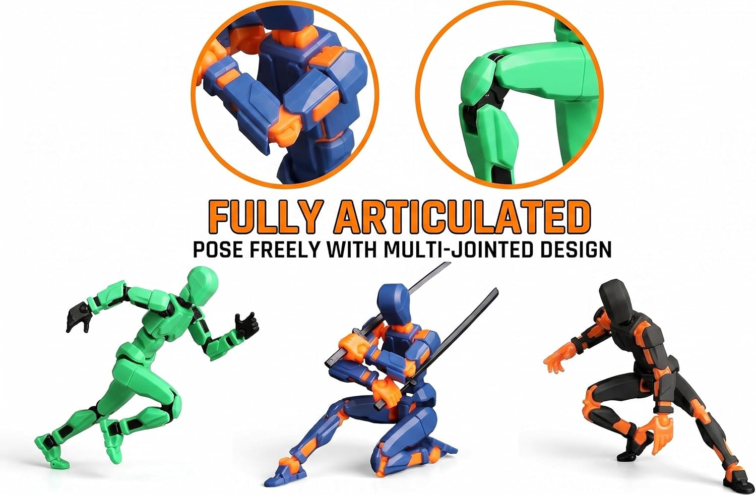 Text reads 'FULLY ARTICULATED' and 'RIDE FREELY WITH MULTI-JOINTED DESIGN'. Action figures shown in blue and green sports gear demonstrating flexible joint articulation in various athletic poses.
