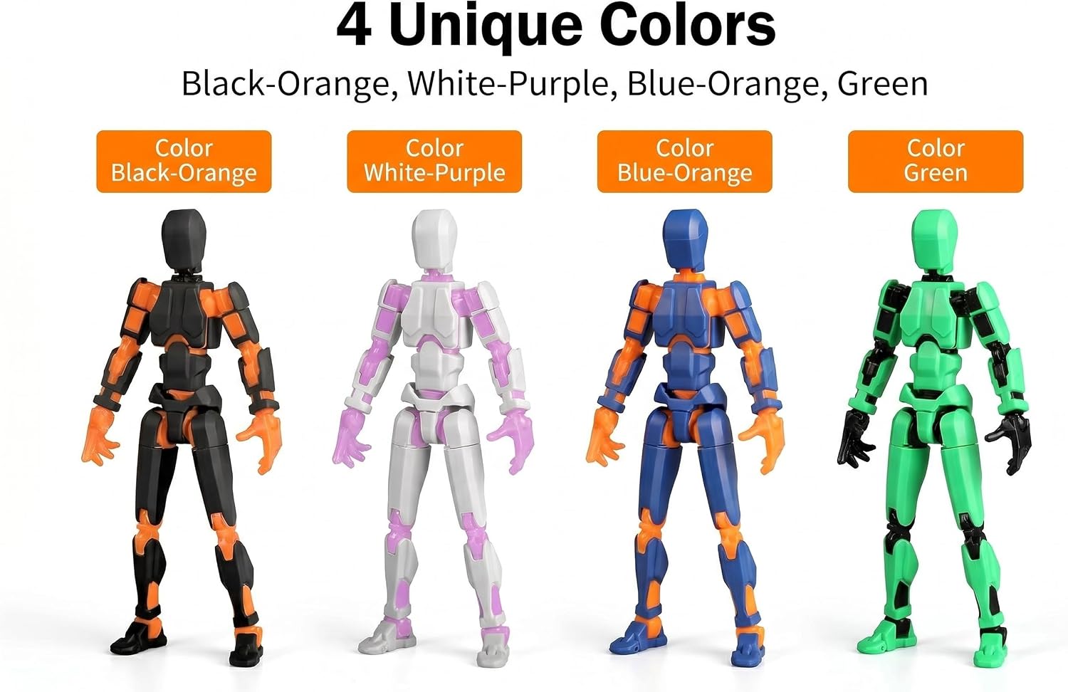 Text reads 'Image 5' and '4 Unique Colors' with color options listed: 'Black-Orange, White-Purple, Blue-Orange, Green'. Four articulated action figures displayed in corresponding color schemes.