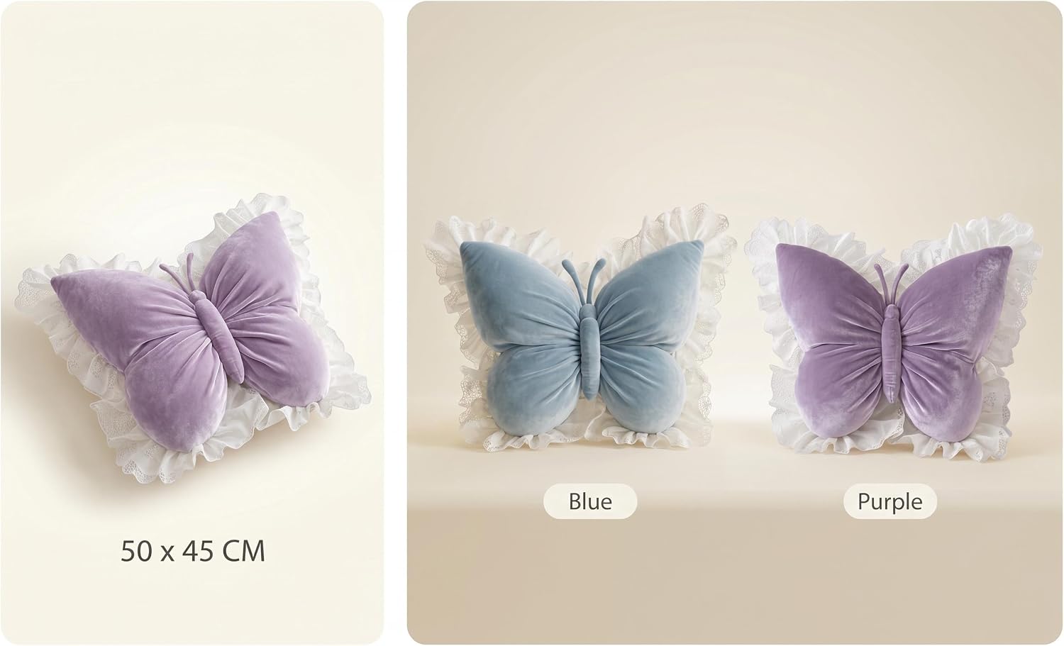 Three watercolor butterfly illustrations labeled 'Weiß' (white), 'Blau' (blue), and 'Lila' (purple) on beige background showing different color variants.
