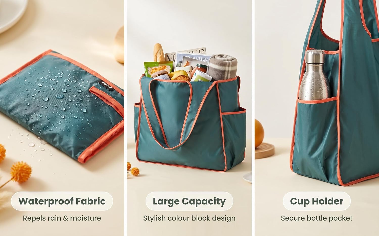 Text reads 'Waterproof Fabric', 'Large Capacity', 'Cup Holder'. Teal/turquoise utility bag shown in three views: flat, front perspective, and side angle against white background.
