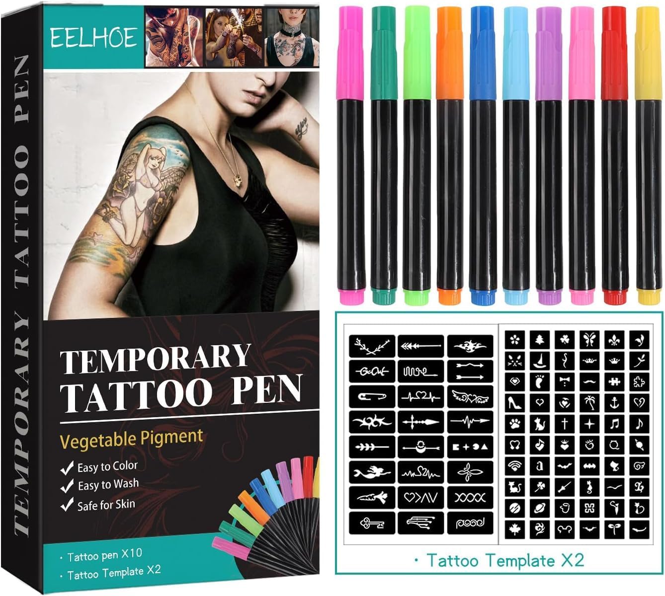 Temporary Tattoo Pen,Temporary Tattoo Pen with 10 Tattoo Pens and 2 sheets Tattoo Stencils…