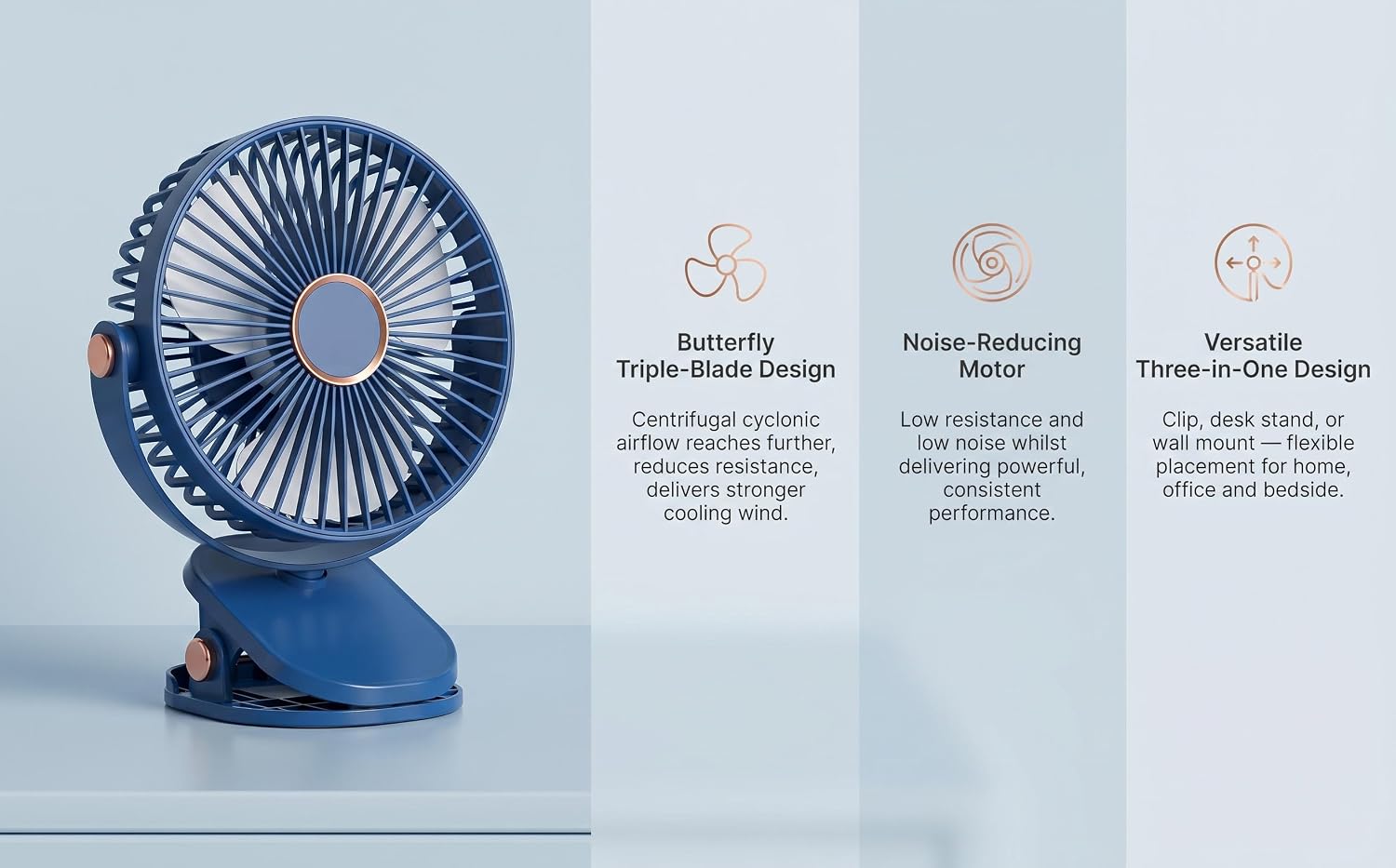 Text reads 'Butterfly Wing Design', 'Noise Reducing Motor', 'Vortex Three-in-One Design'. Navy blue portable clip fan with motor features and specifications labeled.