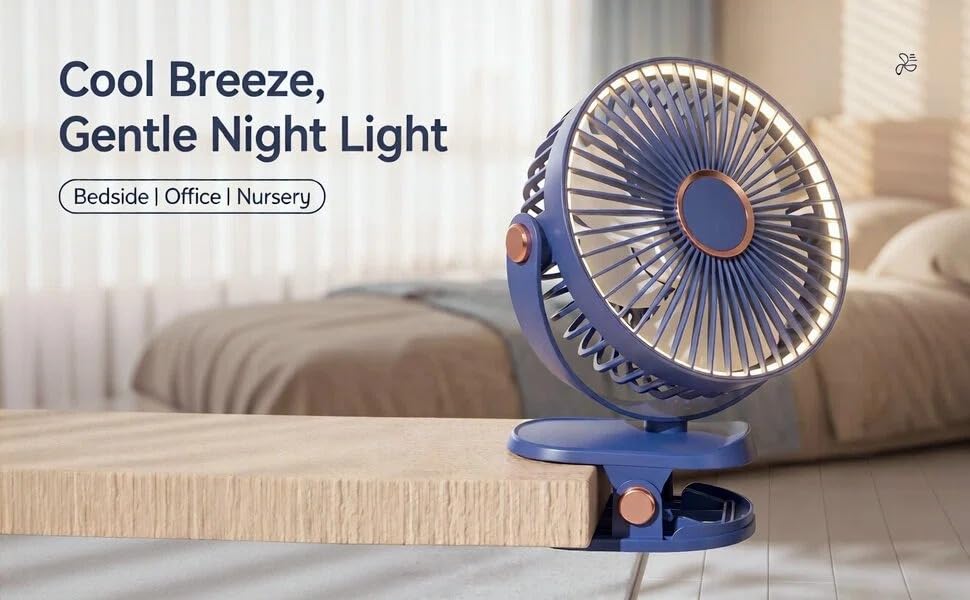 Text reads 'Cool Breeze, Gentle Night Light', 'Bedside | Office | Relaxing'. Blue clip-on fan with built-in LED light mounted on furniture.