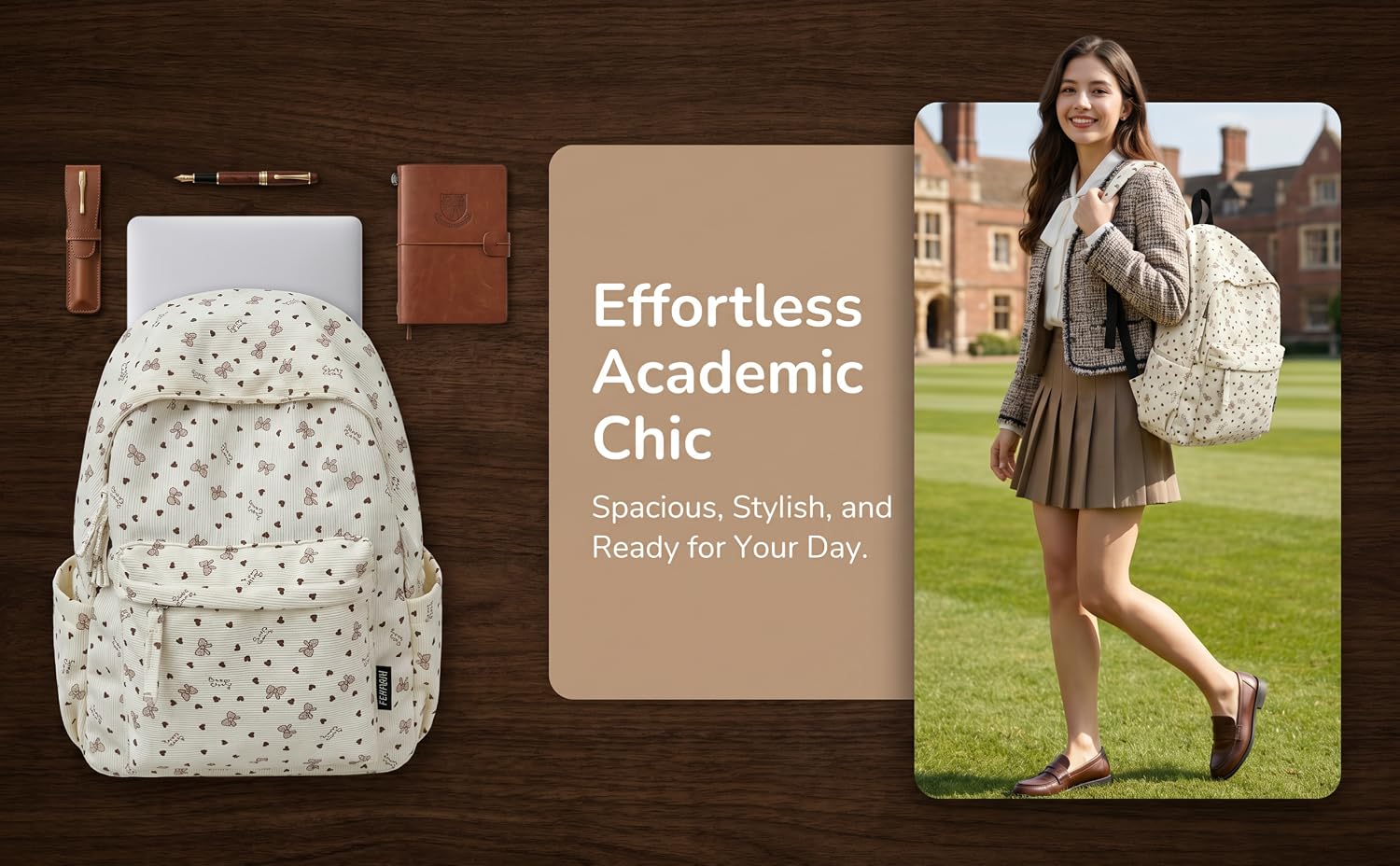 Text reads "Effortless, Academic Chic" and "Backpacks, Duffels, and Kicks for Your Vibe". Composite showing white patterned backpack, beige tote bag, and woman wearing casual academic-style clothing outdoors.