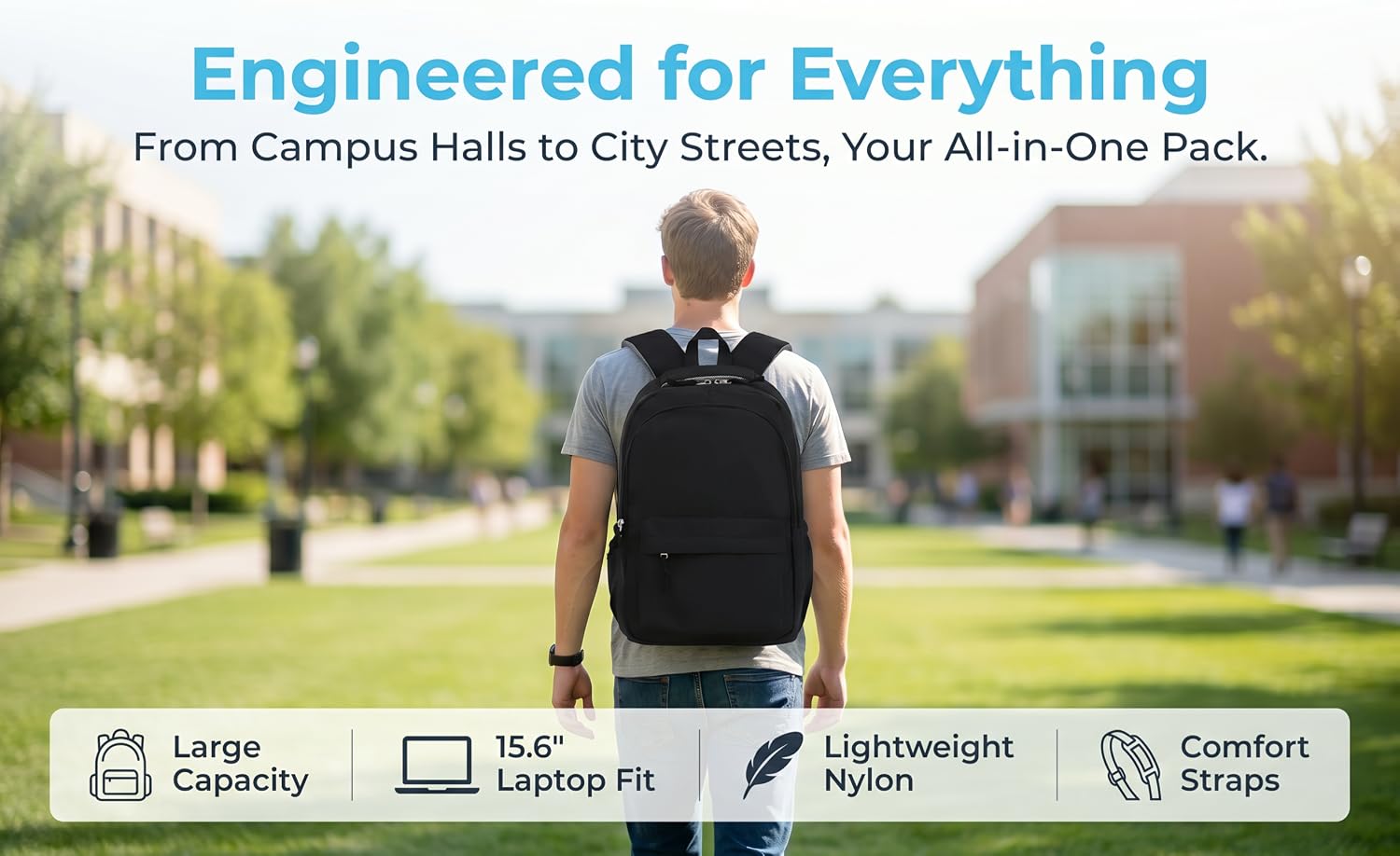 Text reads 'Engineered for Everything' and 'From Campus rails to City Streets, Your All-in-One Pack' with icons below. Black travel backpack displayed on person outdoors.