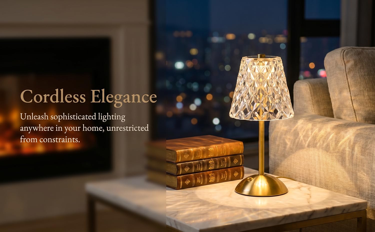 Text reads 'Cordless Elegance' with descriptive tagline 'A sleek cordless bedside lamp, anywhere in your home, unmatched inspiration.' Brass table lamp with textured white shade displayed on side table with fireplace and home decor background.