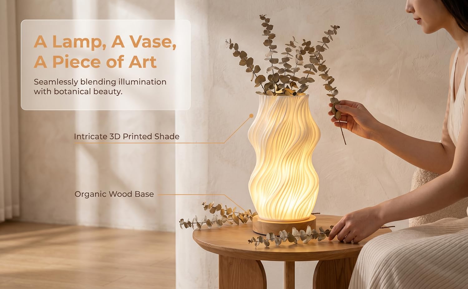 Text reads 'A Lamp, A Vase, A Piece of Art' and 'Seamless design with patented technology' and 'Organic wood base.' Woman's hand placing decorative yellow crackle-pattern ceramic lamp on wooden surface.