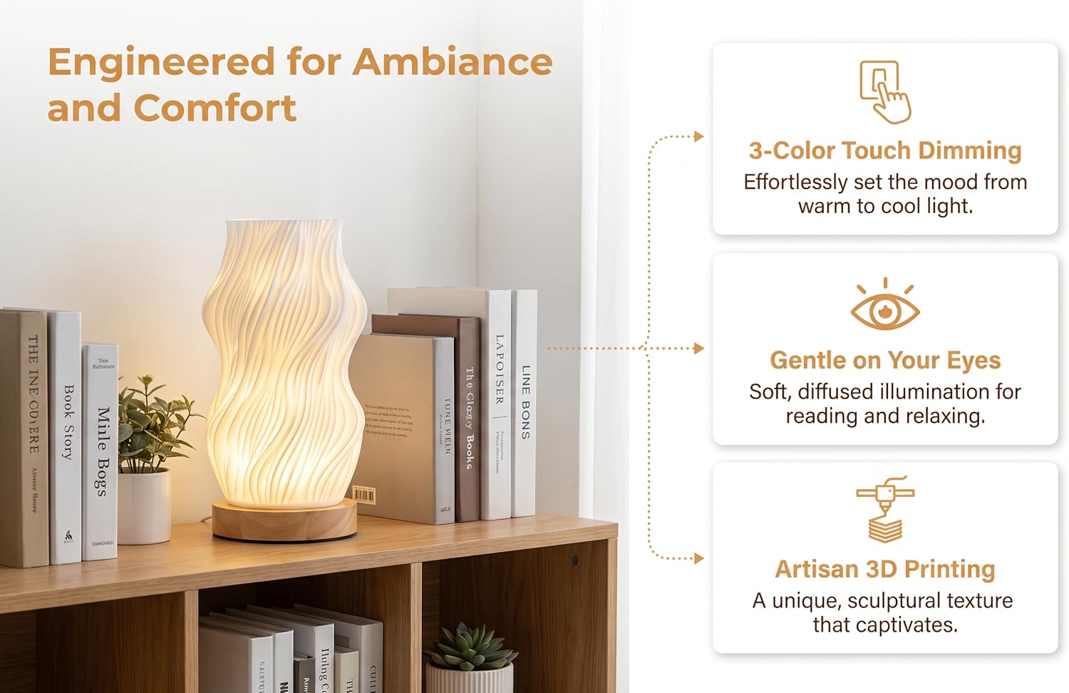 Text reads "Engineered for Ambiance and Comfort," "Color Boost Dimming," "Gentle on Your Eyes," "Artistic 3D Blending." Decorative white lamp on wooden shelf with product feature callouts.