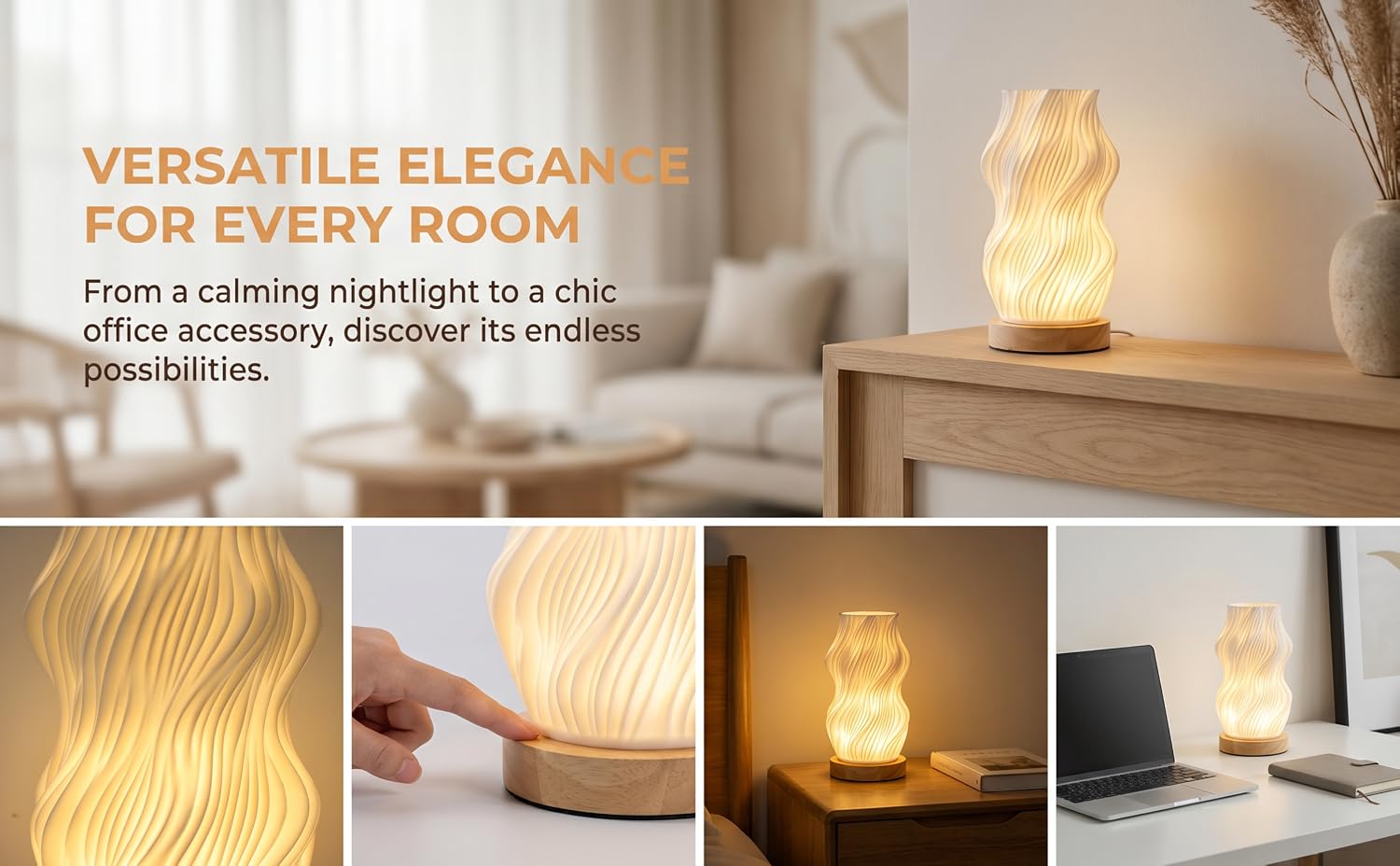 Text reads 'VERSATILE ELEGANCE FOR EVERY ROOM' and 'From a calming nightlight to a chic office accessory, discover the endless possibilities.' Six product images showing decorative table lamps and ambient lighting fixtures in various styles and settings.