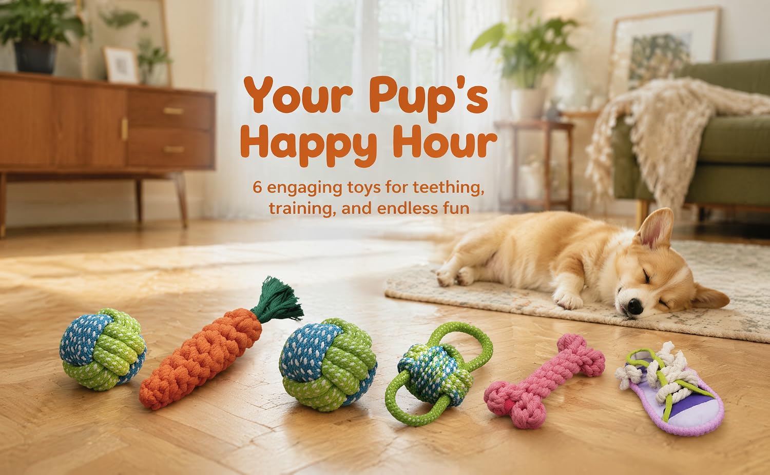 Text reads 'Your Pup's Happy Hour' and 'A engaging toys for fetching, training, and endless fun.' Assorted colorful dog toys displayed on carpet next to golden-colored dog.