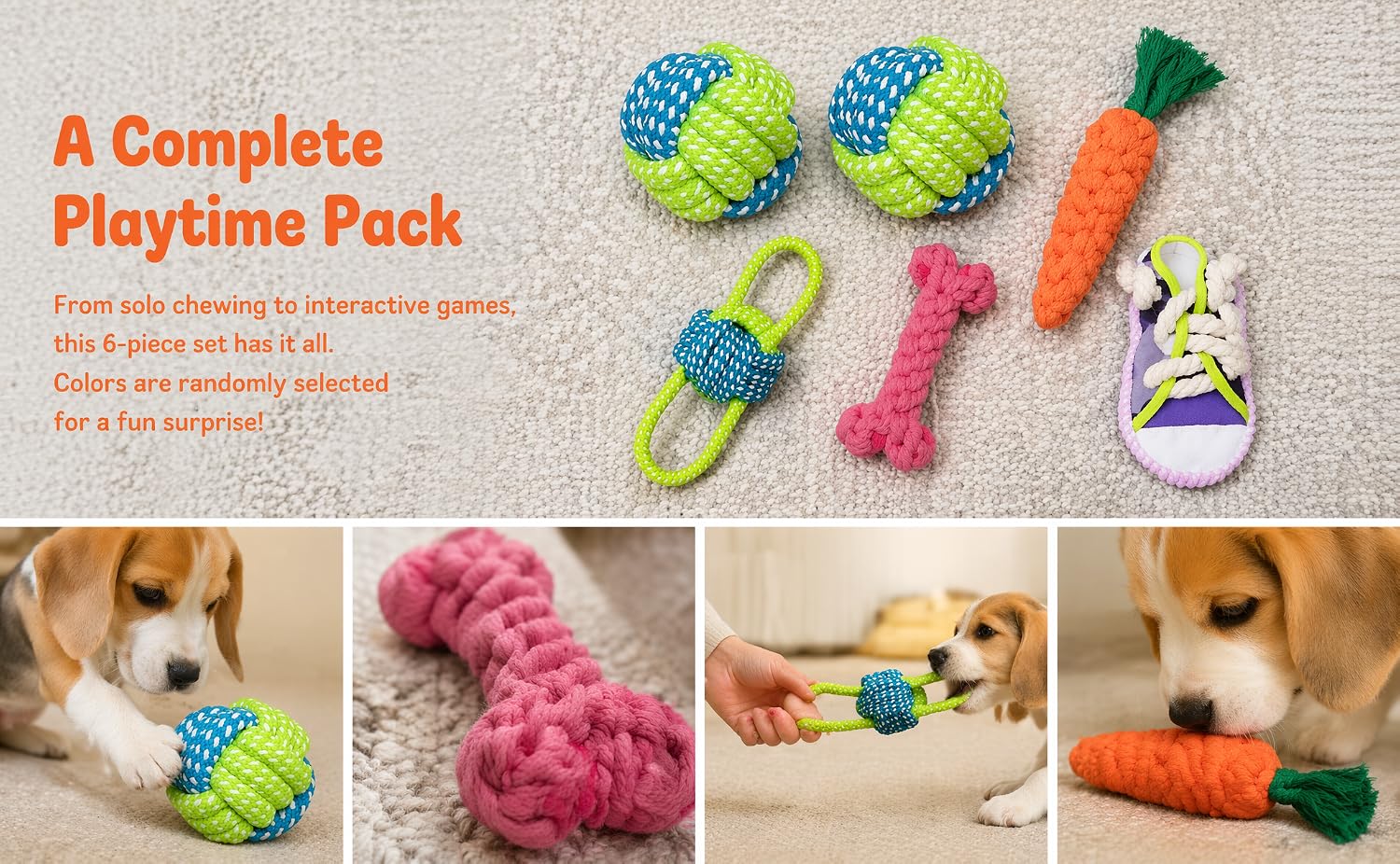 Text reads 'A Complete Playtime Pack', 'Interactive toys for dogs', 'This 6-piece set has it all. Chew toys and squeakers in endless entertainment.' Colorful dog toy collection including balls, rope toys, and shoe-shaped toys displayed above photos of dogs playing with items.