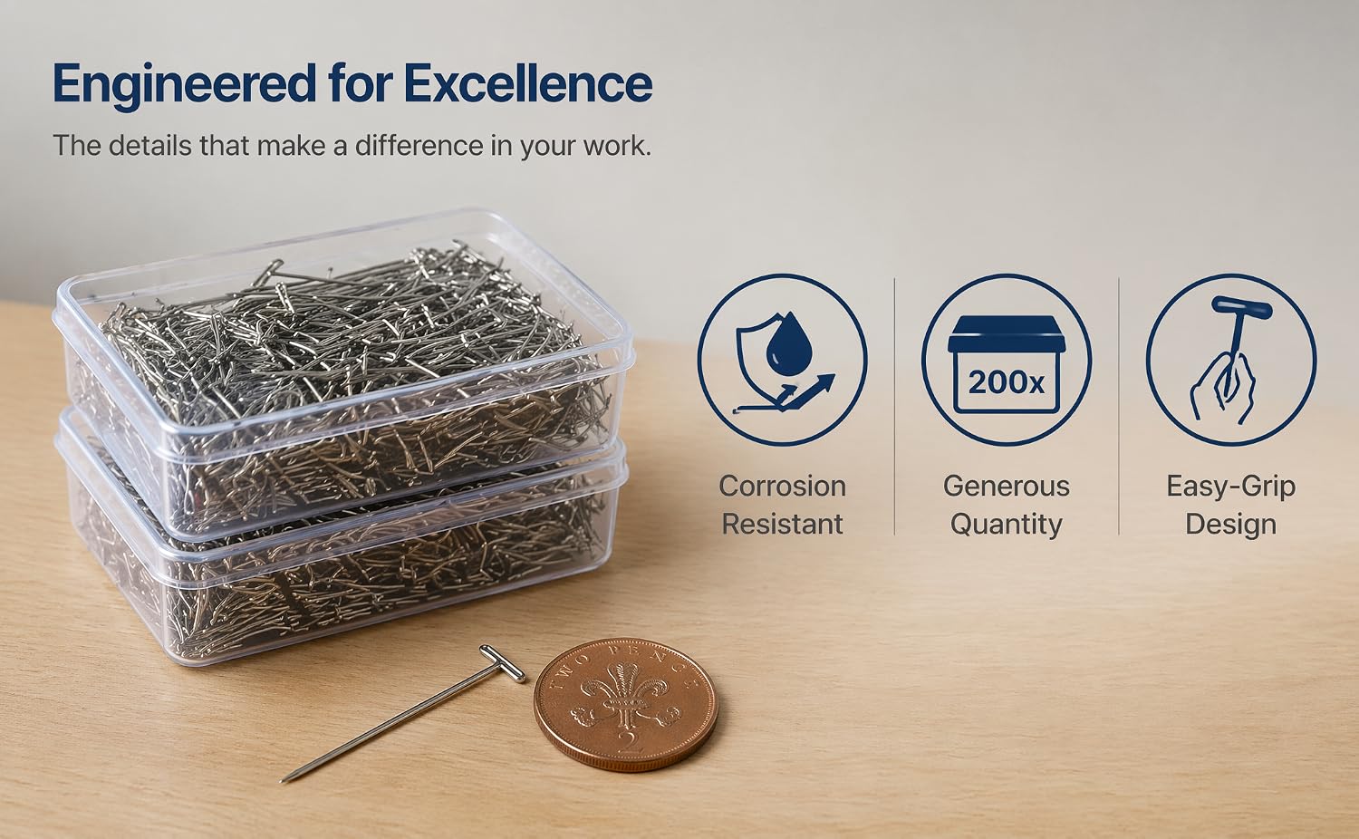 Text reads 'Engineered for Excellence' with 'The perfect solution in performance for your work' and circular badge icons labeled 'Resistant', '200h', and 'Design'. Clear container with fasteners displayed alongside penny for size comparison.