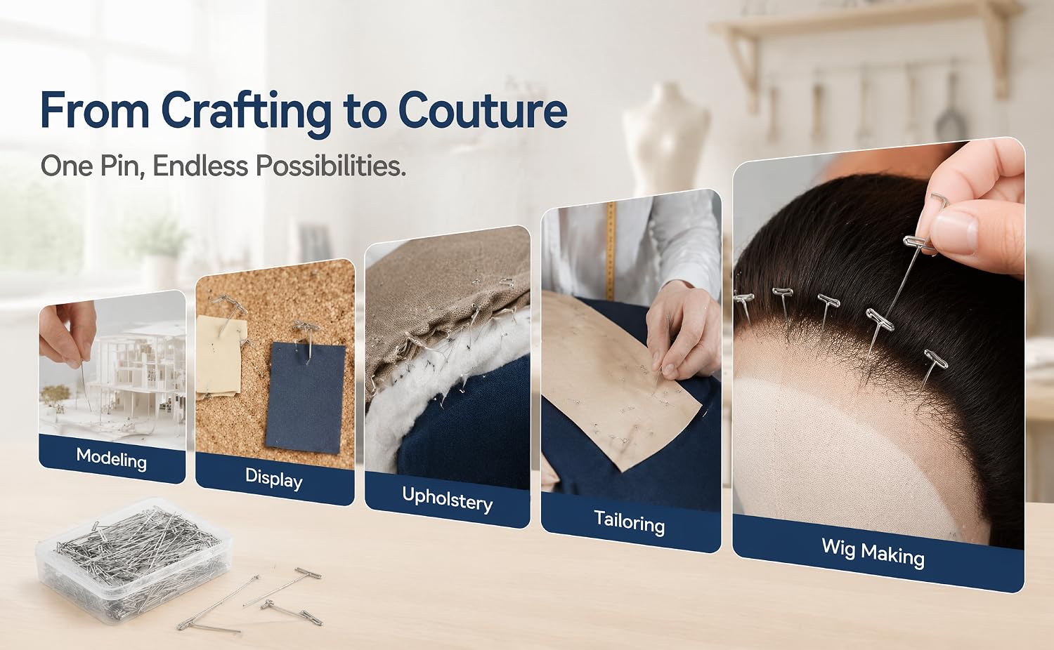 Text reads 'From Crafting to Couture' and 'One Fits, Endless Possibilities'. Composite image showing six sequential photos of fabric application process with product packaging boxes displayed horizontally.