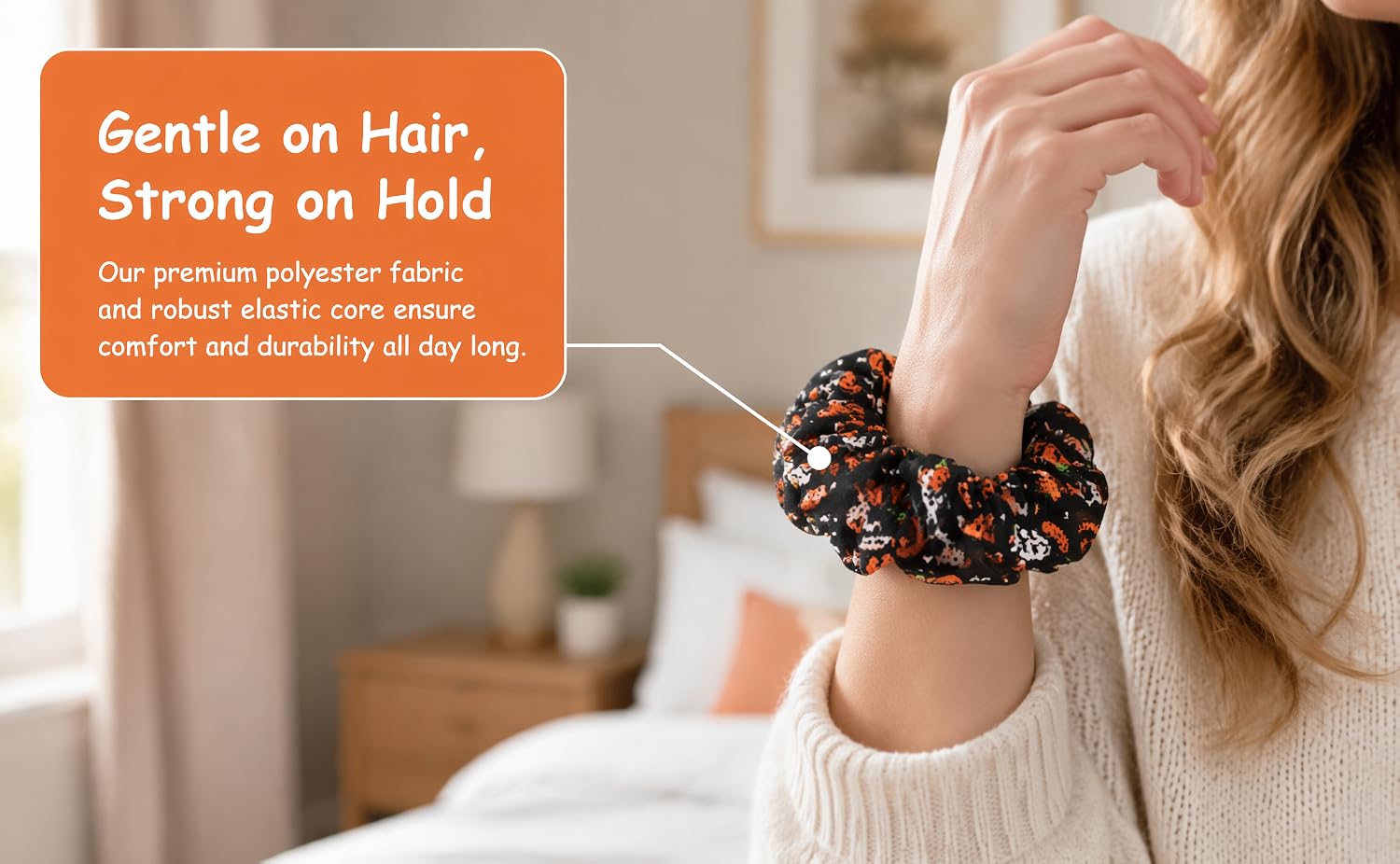 Text reads "Gentle on Hair, Strong on Hold". Close-up of woman's hand holding decorative hair claw clip against light background.