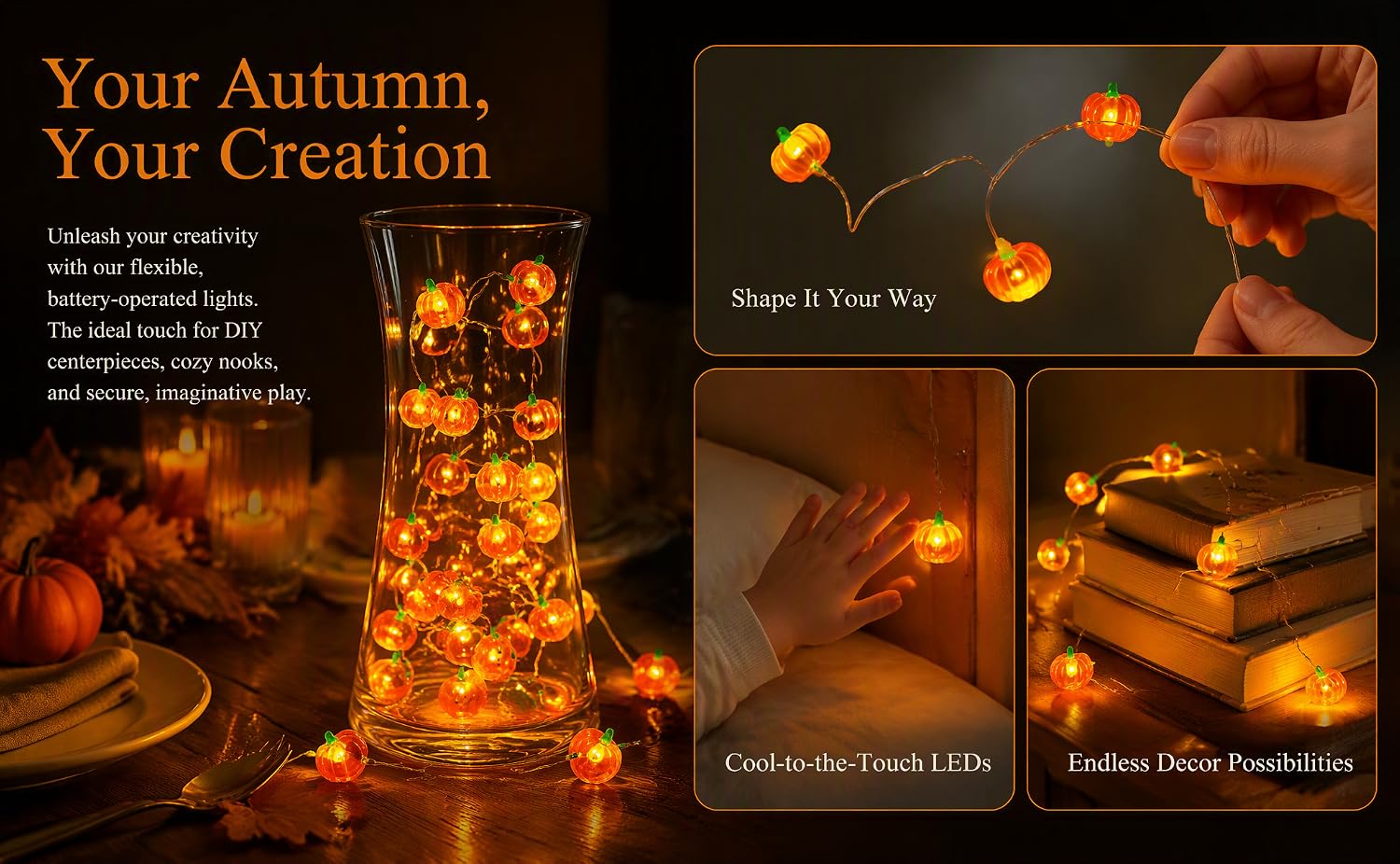 Text reads 'Your Autumn, Your Creation' with additional product text. Golden LED string lights displayed in cylindrical mesh holder and as decorative accents on tabletop with autumn-themed décor and warm ambient lighting.