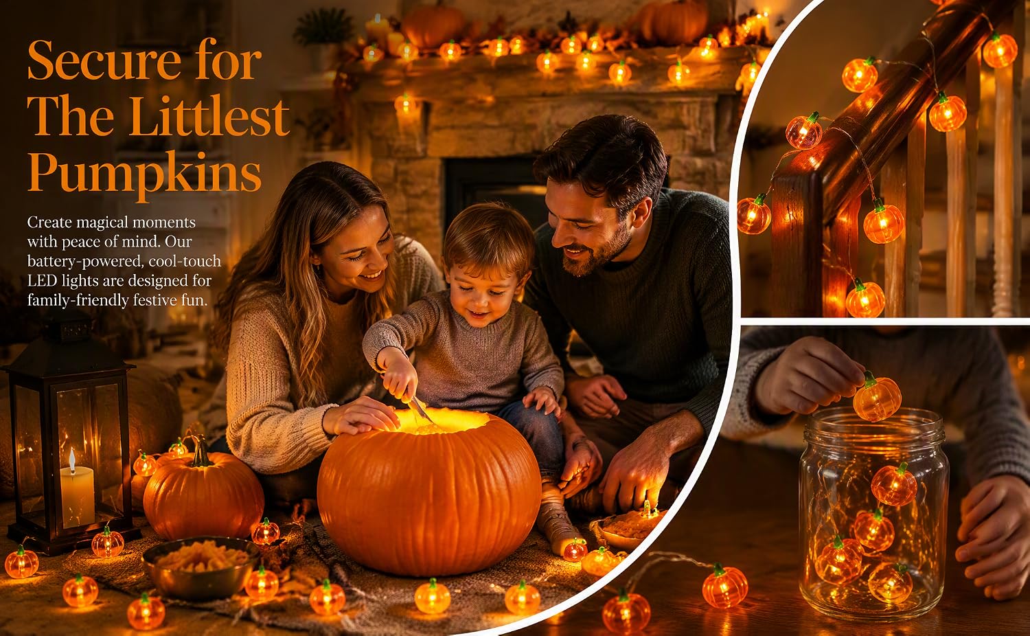 Text reads 'Secure for The Littlest Pumpkins' on orange background with pumpkins and decorative lights. Halloween safety messaging with product details about securing pumpkins displayed with fall decor.