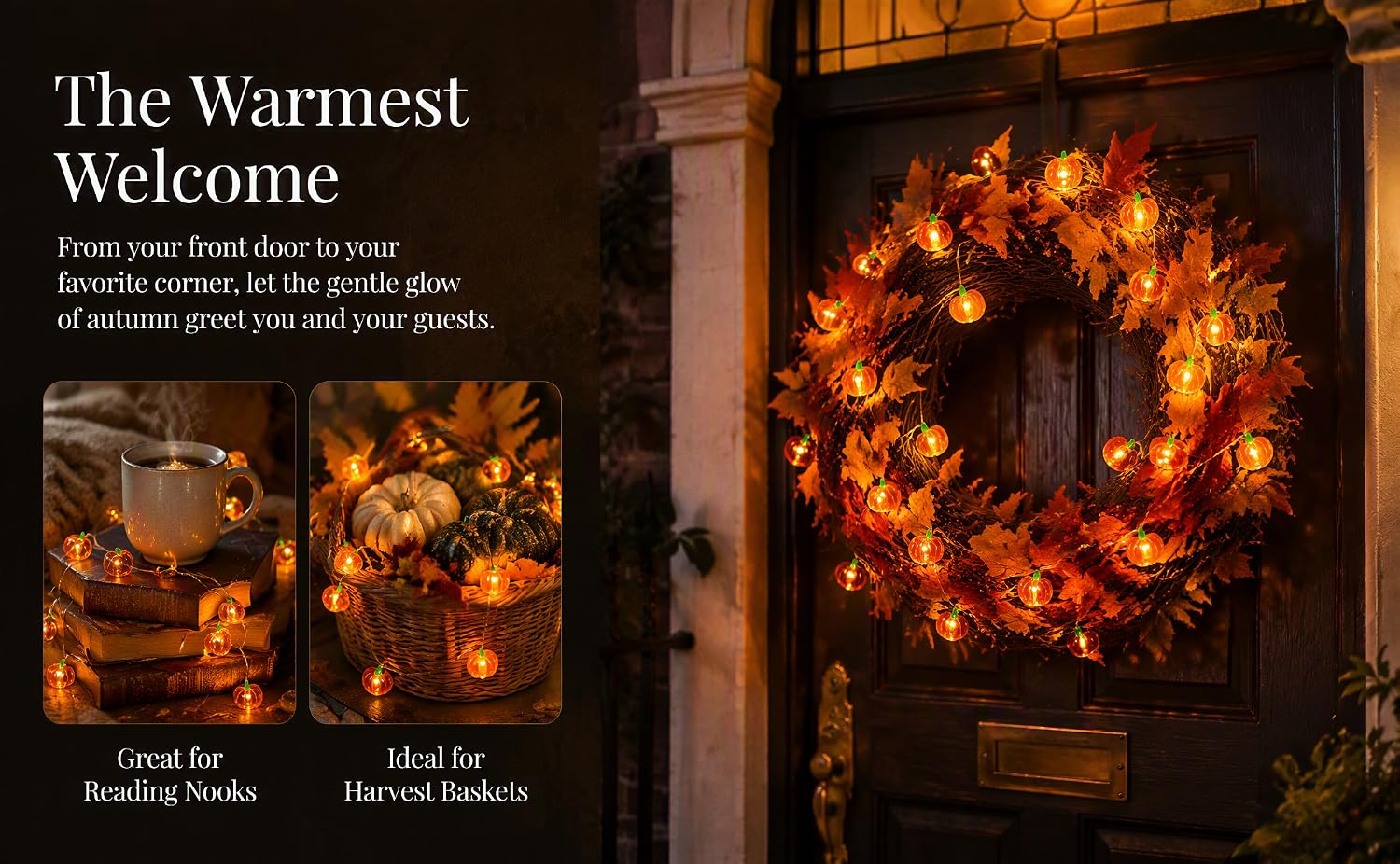 Text reads 'The Warmest Welcome'. Split image showing fireplace interior with glowing logs and warm lighting, promoting warmth and comfort.
