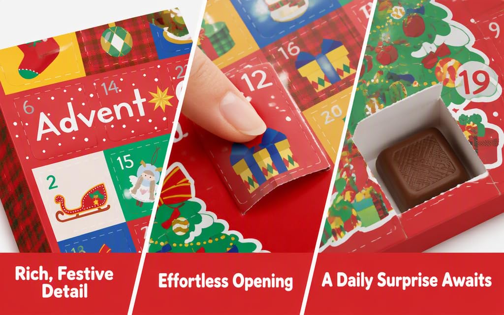 Text reads 'Rich Festive Detail', 'Effortless Opening', 'A Daily Surprise Awaits', and 'Advent'. Colorful advent calendar with numbered compartments (1-12 visible) containing wrapped gifts and treats on red festive background.