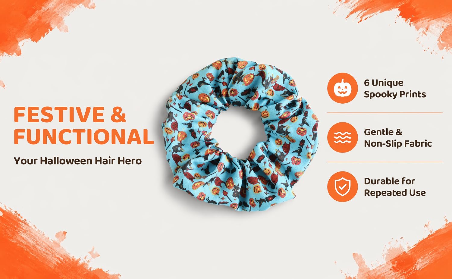 Text reads 'FESTIVE &amp; FUNCTIONAL', 'Your Halloween Hair Here', 'Unique Novelty Prints', 'Gentle &amp; Non-slip Fabric', 'Durable for Repeated Use.' Blue patterned hair scrunchie displayed against orange and white background.
