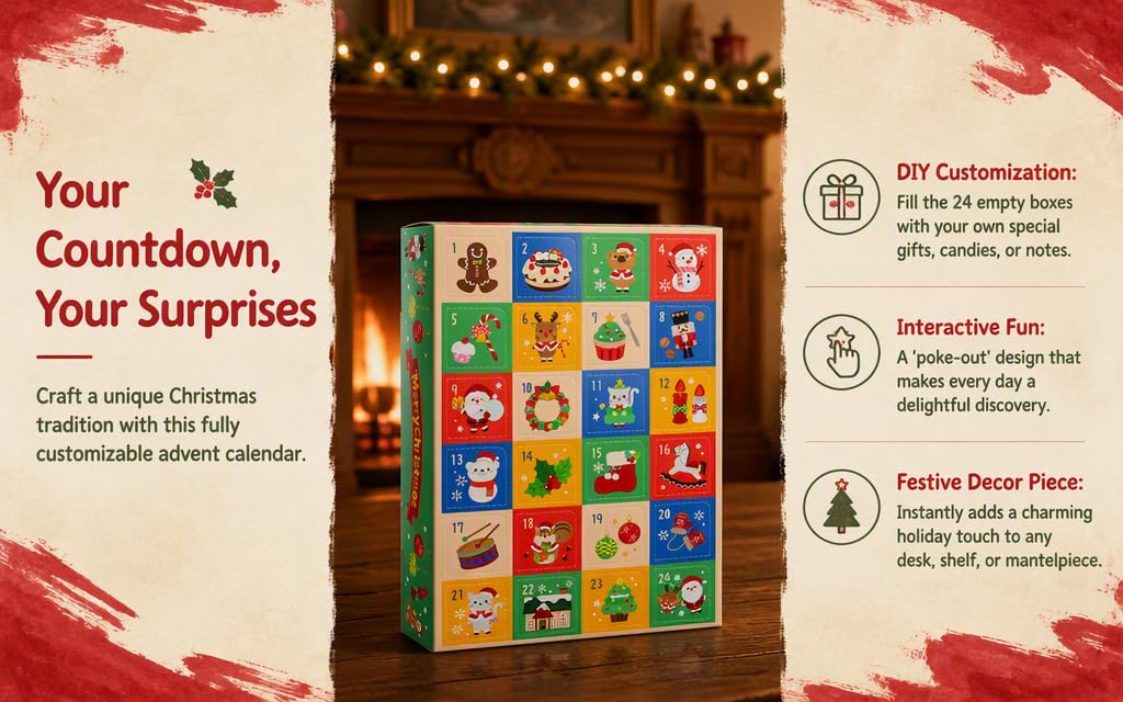 Text reads 'Your Countdown, Your Surprises', 'Interactive Fun', 'Fashion Decor Piece'. Colorful numbered grid calendar box with decorative hanging lights and ornamental details on beige background.
