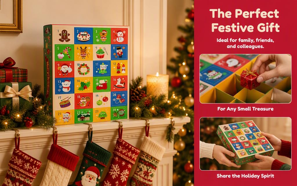 Text reads "The Perfect Festive Gift" and "The Joy Scroll Games" with "Open for more fun". Advent calendar with colorful numbered grid squares, holiday decorations, and stockings visible.