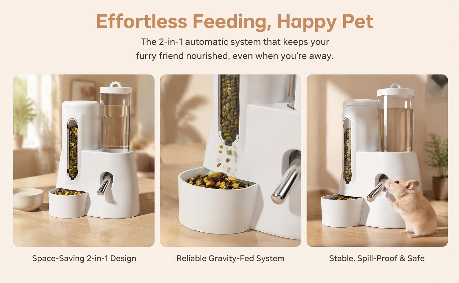 Text reads 'Effortless Feeding, Happy Pet' with tagline 'Automatic, hassle-free meals every time.' Collection of white automatic pet feeders shown with cats in modern home interior settings.