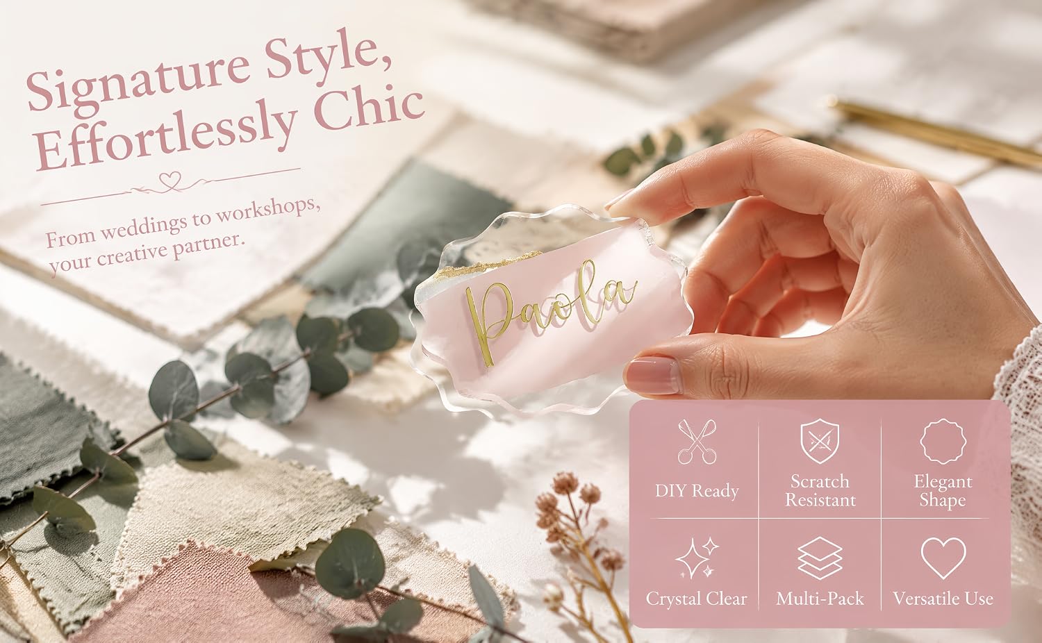 Text reads 'Signature Style, Effortlessly Chic' with product icons below. Close-up of pink nail polish application on hand with white flowers and greenery in background.