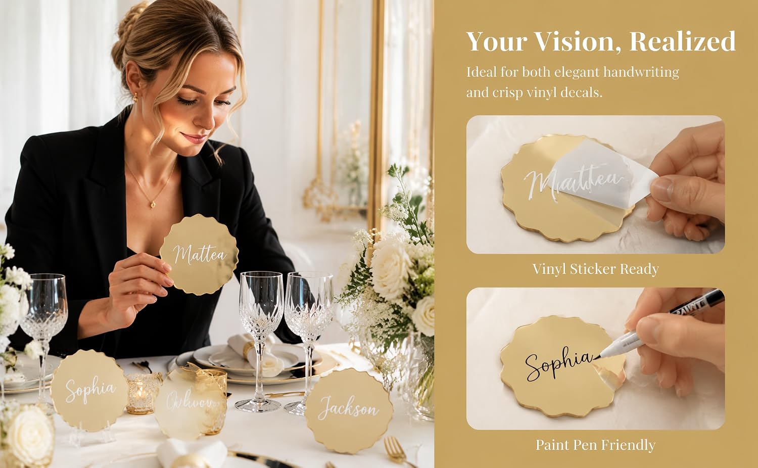 Text reads "Your Vision, Realized". Man in business attire at desk with vision board materials; two panel images show hands arranging vision board elements on beige surface.