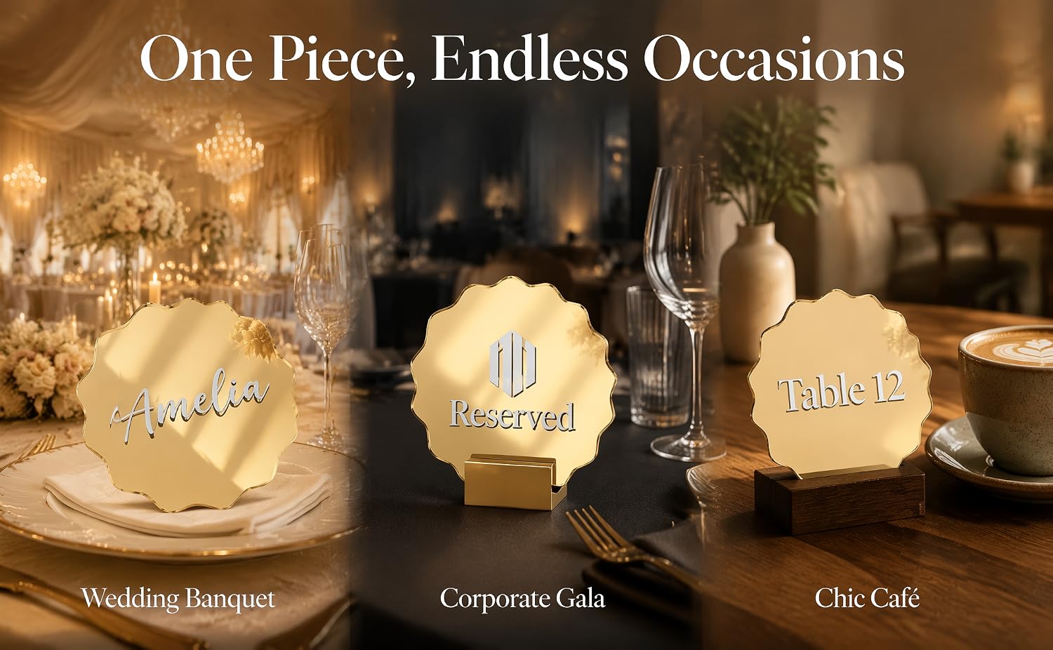 Text reads 'One Piece. Endless Occasions', 'Wedding Banquet', 'Corporate Gala', 'Chic Cafe'. Three lit candles in glass holders displayed in elegant event settings.