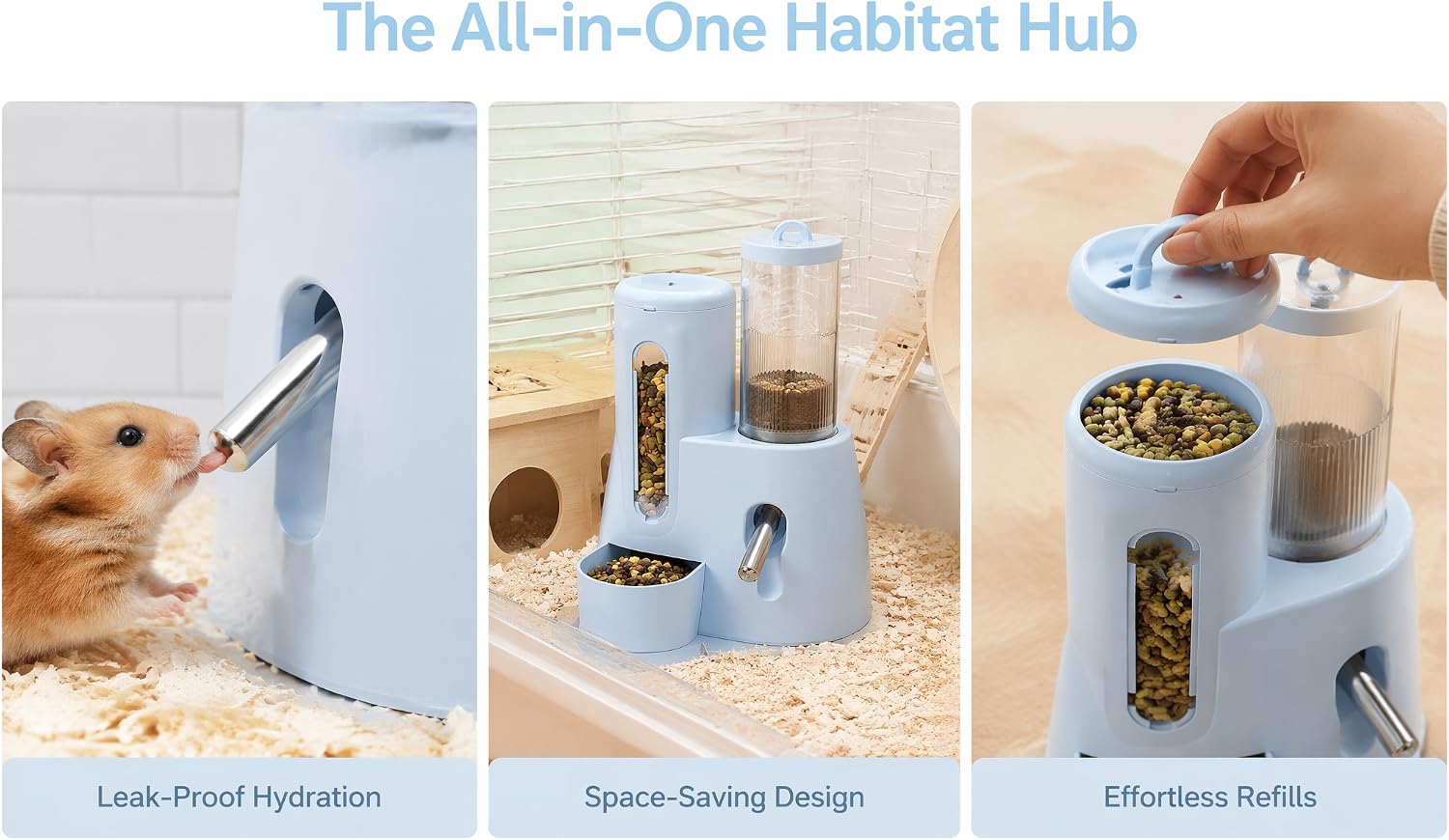 Text reads 'The All-In-One Habitat Hub' with three product views labeled 'Automatic Feeder', 'Automatic Water Dispenser', and 'Stainless Stainless'. Pet habitat accessory set with automatic feeding and water dispensing features.