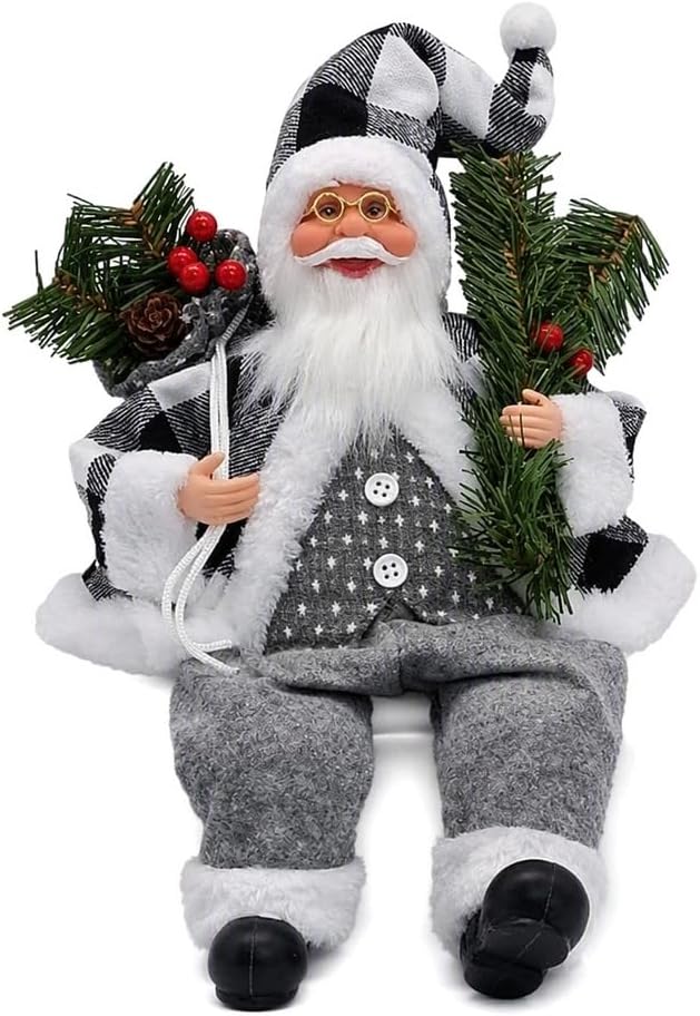 35CM Christmas Black & White Plaid Father Christmas Sitting Ornament,Traditional Christmas…