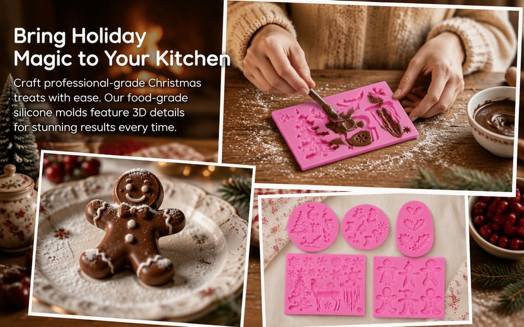 Text reads "Bring Holiday Magic to Your Kitchen" with tagline about professional silicone molds. Composite showing gingerbread man mold, pink silicone Christmas molds, and holiday baking scene with ingredients and baked goods.