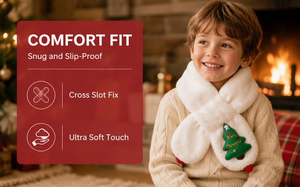 Text reads 'COMFORT FIT', 'Snug and Secure', 'Cross Stitch Fix', 'Ultra Soft Touch'. Young child wearing white knitted mittens/gloves with green accent detail, seated indoors with festive background.