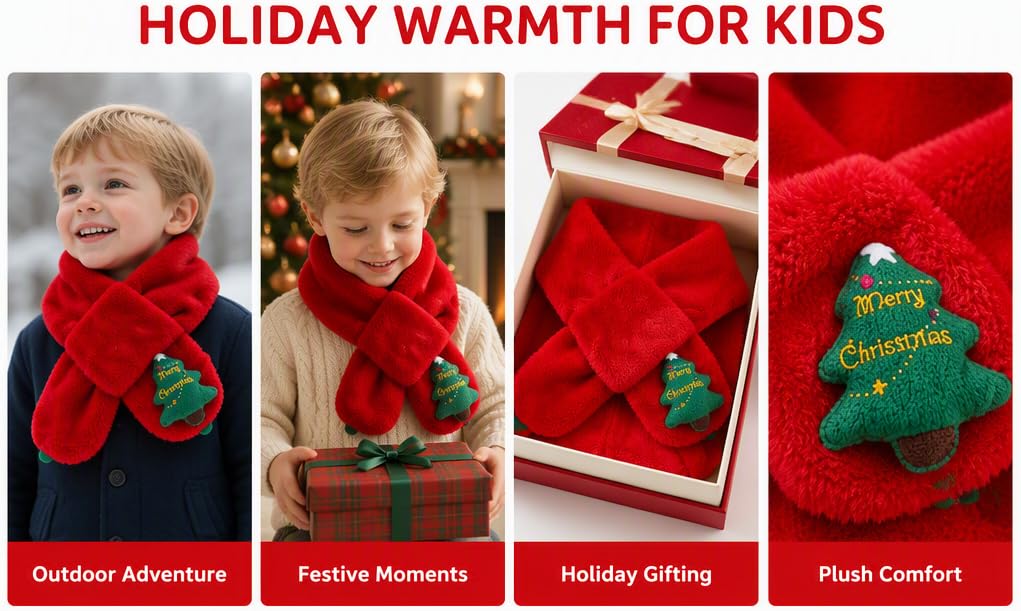 Text reads 'HOLIDAY WARMTH FOR KIDS' with four product categories: 'Outdoor Adventure,' 'Festive Moments,' 'Holiday Gifting,' 'Plush Comfort.' Shows red children's mittens, scarves, and plush holiday decorations.