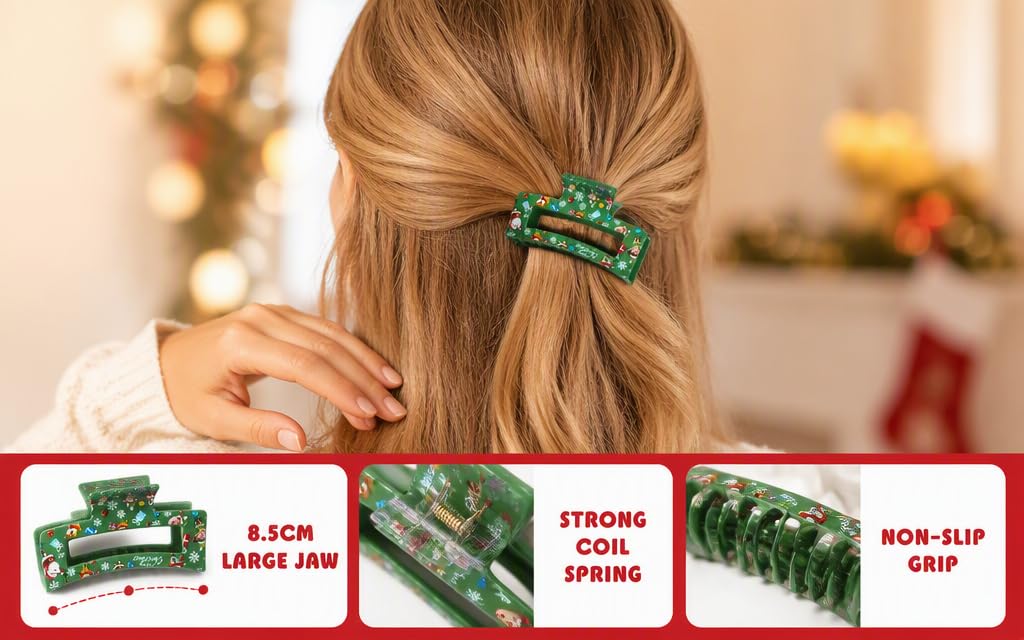 Text reads '2 JCB LARGE JAR', 'STRONG COIL SPRING', 'NON-SLIP GRIP'. Green beaded hair clip secured in brown hair. Product features labeled at bottom in red banner.
