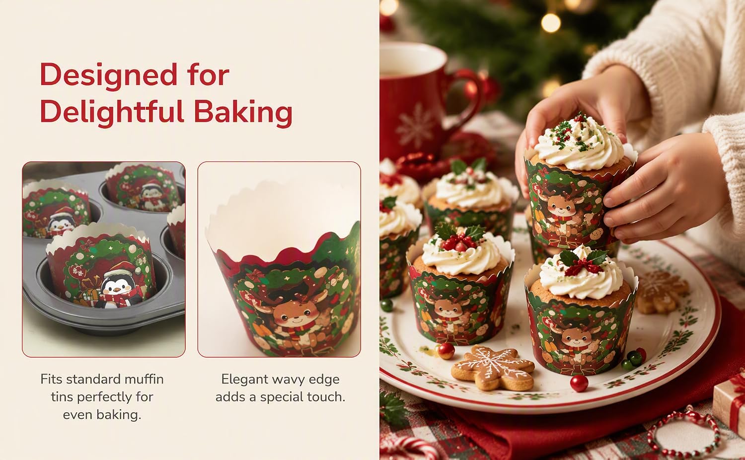 Text reads 'Designed for Delightful Baking'. Baking pan product shown with three usage examples: decorated dessert in round pan, elegant tart with berries, and hands arranging appetizers on rectangular pan.