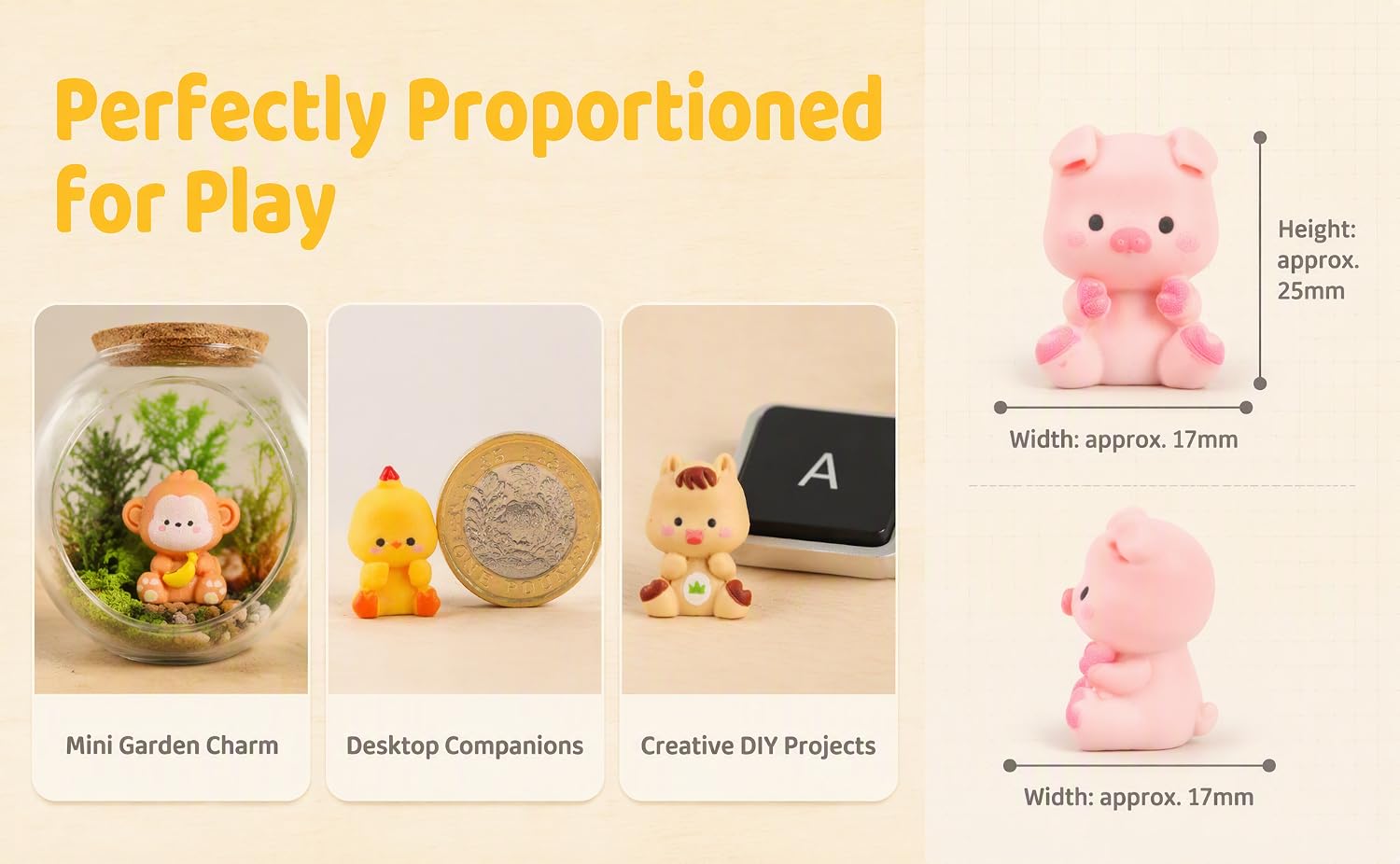 Text reads 'Perfectly Proportioned For Play' with product collection shown: glass jar with contents, round metallic disc, black A-shaped object, and pink pig-shaped toy with text 'rabbit approx 17cm'.