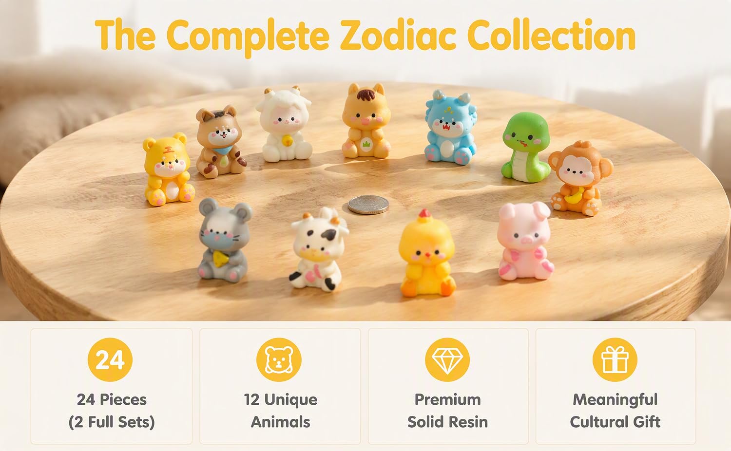 Text reads 'The Complete Zodiac Collection' with '24 Pieces 12 Full Sets' '12 Unique Animals' 'Premium Solid Resin' 'Meaningful Collectible Gift'. Display of colorful zodiac animal figurines arranged on beige circular surface.