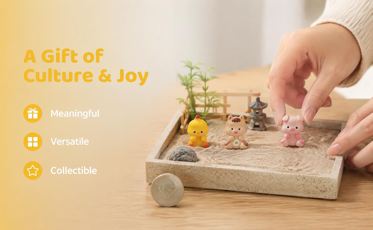 Text reads 'A Gift of Culture &amp; Joy' with checkmarks next to 'Meaningful', 'Versatile', 'Collectible'. Hand placing decorative object in wooden tray with plants and natural materials.