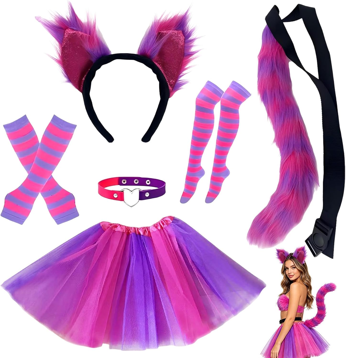 8PCS Pink Purple Striped Cat Costume,Cheshire Cat Costume