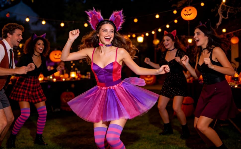 Group of people dancing at evening celebration with warm string lights overhead, wearing colorful clothing including purple skirts in festive outdoor party atmosphere.