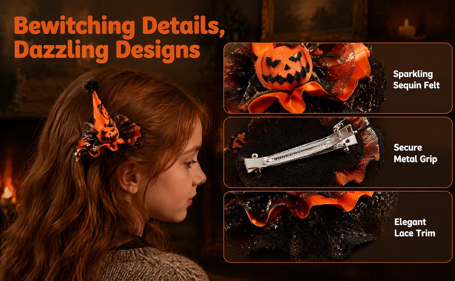Text reads "Bewitching Details, Dazzling Designs" with additional text "Sparkling Charms," "Ornate Details," and "Elegant Accents." Composite image showing jewelry details with glowing amber lighting, featuring close-ups of decorative charms and ornamental design elements.